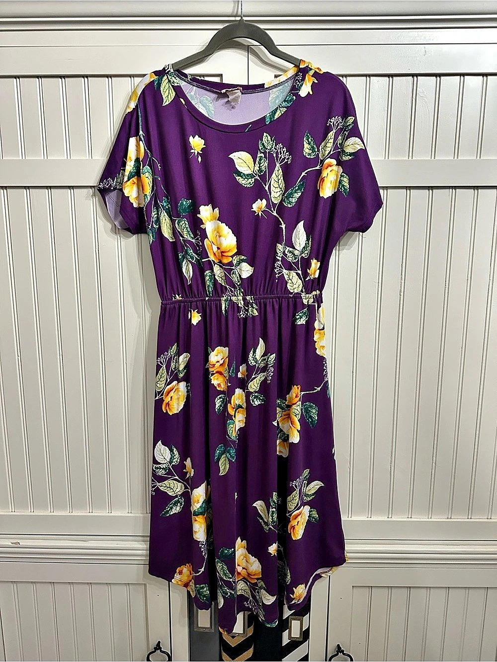 Iconic Luxe Short Sleeve Flare Midi Dress with Pockets Purple & Yellow XL